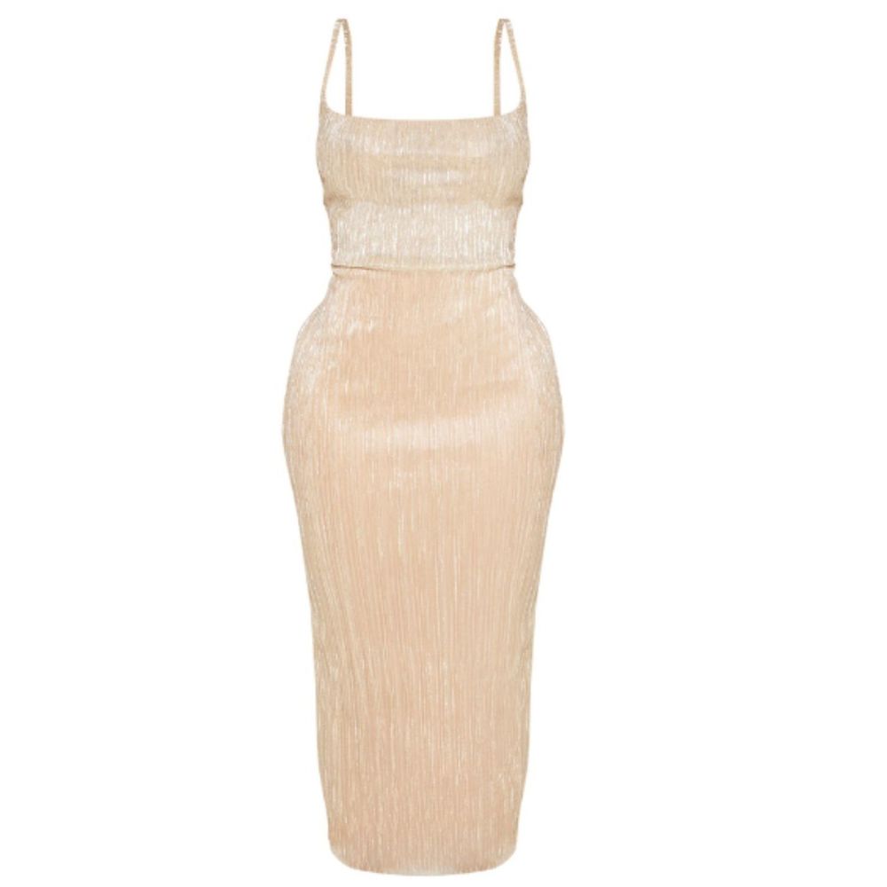 NWT PrettyLittleThing US 6 UK 10 Shape Pleated Gold Plisse Cowl Neck Midi Dress